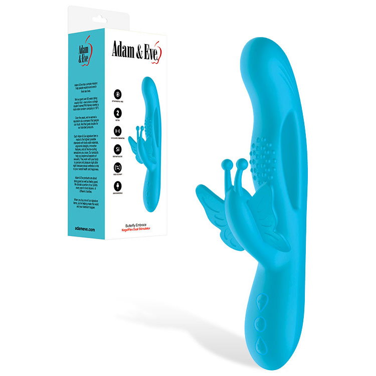 Adam & Eve Butterfly Embrace blue rabbit vibrator with curved shaft and butterfly clitoral stimulator